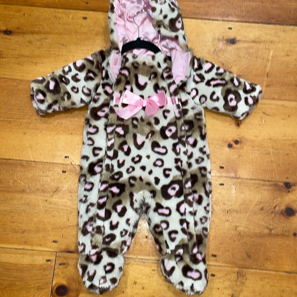 Pistachio snowsuit baby pink brown leopard size 6-9 months